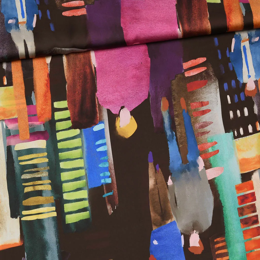 Polyester satijn zwart met abstract leven
